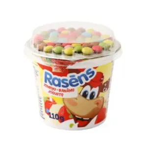 Jogurts RASĒNS zemeņu-banānu ar piena šokolādes konfektēm 110g