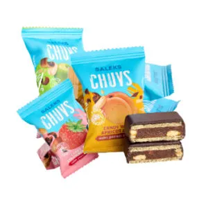 Konfektes ābolu, zemeņu, aprikožu Chuvs sver.