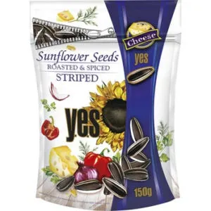 Saulespuķu sēklas ar sieru garšu strīpainas 150g, Y.E.S.