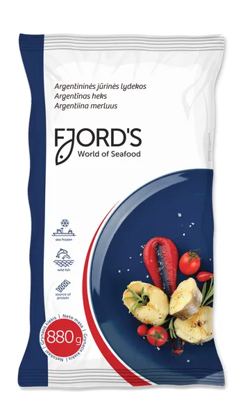 Argentīnas heka liemenis bez galvas/astes, saldēts 12% glaz. 880g, Fjords