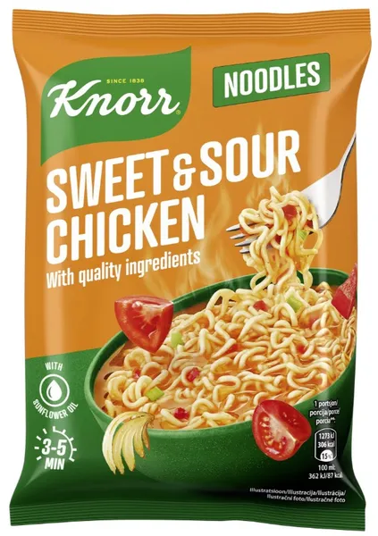 Ātri pagatavojamās nūdeles ar ar vistas garšu saldskābā mērcē Ramen 65g, Knorr