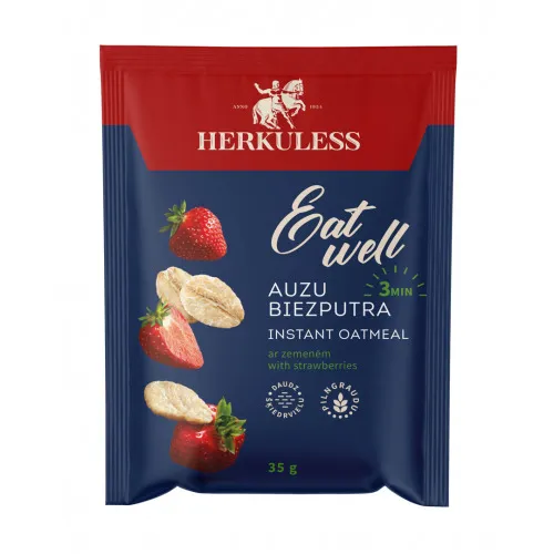 Auzu pārslu biezputra ar zemeņu gabaliņiem 35g, Herkuless
