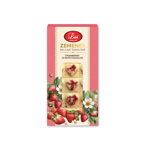 Baltās šokolādes tāfelīte ar zemenēm 100g, Lāči