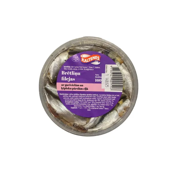 Brētliņu filejas eļļā ar garšvielām - Ķiplociņš 160g, Kaltenes Zivis