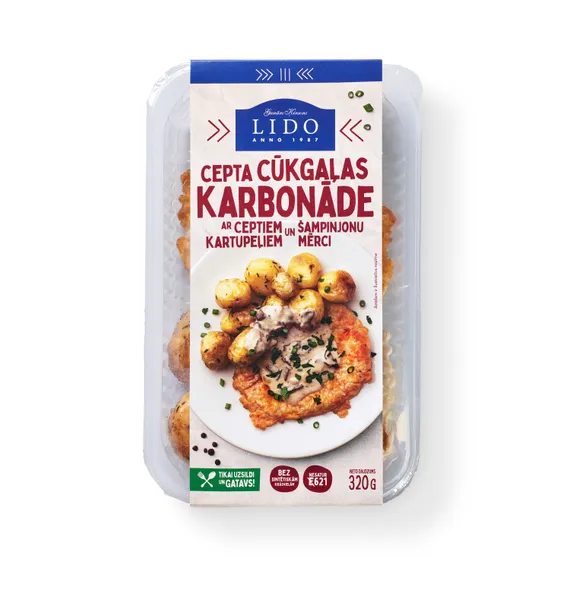 Cepta Cūkgaļas karbonāde ar ceptiem kartupeļiem un šampinjonu mērci 320g, Lido