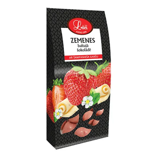 Dražejas Zemenes Baltajā šokolādē ar dzirkstoša vīna garšu 100g, Lāči