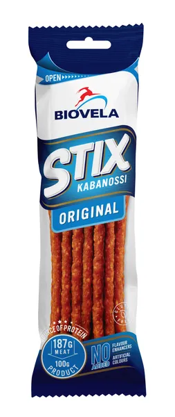 Gaļas nūjiņas karsti kūpinātas Stix Kabanossi Original 100g, Biovela