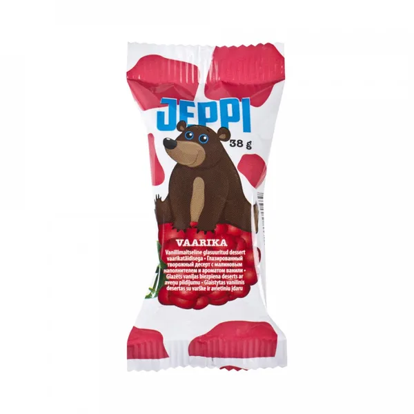Glazēts biezpiena deserts ar aveņu pildījumu 38g, Jeppi