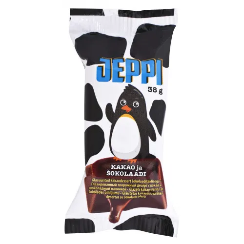 Glazēts biezpiena deserts ar kakao un šokolādes pild. 38g Jeppi