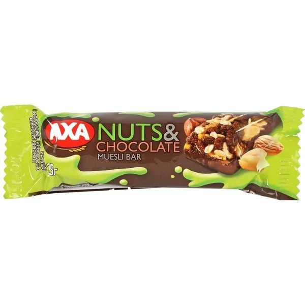 Graudaugu batoniņš ar piena šokolādi un riekstiem 25g, AXA