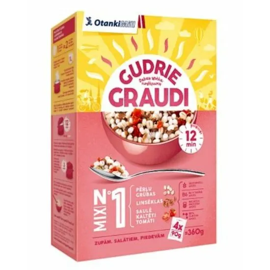 Graudu masījums pērļu grūbu, linsēklu ar saulē kaltētiem tomātiem 4x90g, Gudrie Graudi.