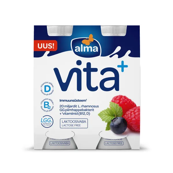 Jogurta dzēriens Vita+ bez laktozes ar avenēm un mellenēm 4x100g, Alma