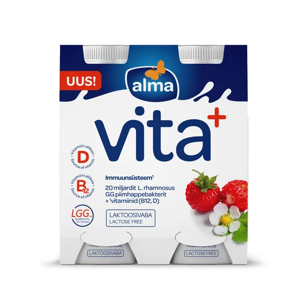 Jogurta dzēriens Vita+ bez laktozes ar meža zemenēm 4x100g, Alma