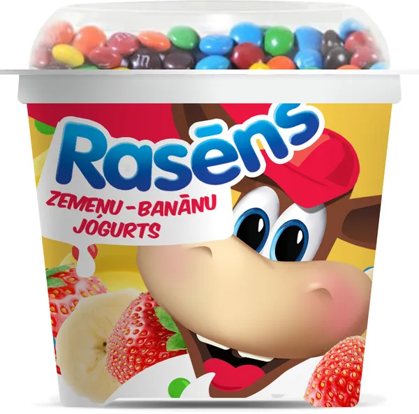 Jogurts RASĒNS zemeņu-banānu ar piena šokolādes konfektēm 110g