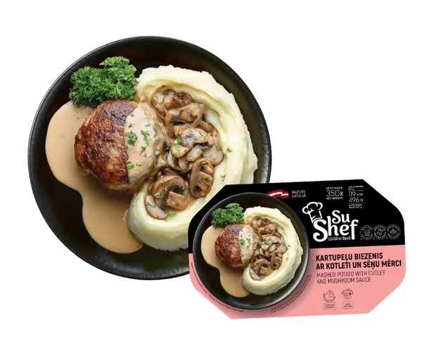 Kartupeļu biezenis ar sēņu mērci un kotleti 350g