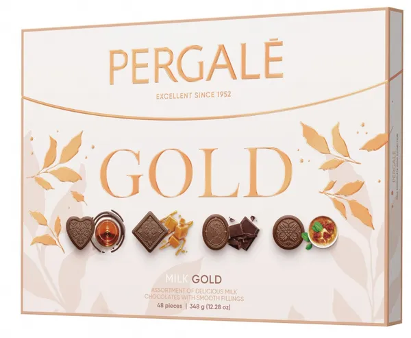 Konfekšu izlase Gold ar piena šokolādi 348g, Pergale