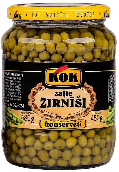Konservēti zaļie zirnīši 680g (450g), KOK