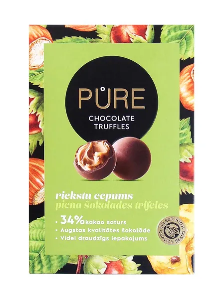 Piena šokolādes trifeles ar lazdu riekstu un kraukšķīgo cepumu krēma pildījumu 148g, PURE