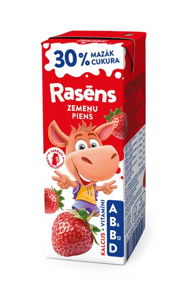 Piens Rasēns ar zemeņu garšu un vitamīniem, mazāk cukura 1.5% 200ml
