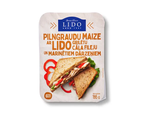 Pilngraudu maize ar Lido grilētu cāļa fileju un marinētiem dārzeņiem (195g)