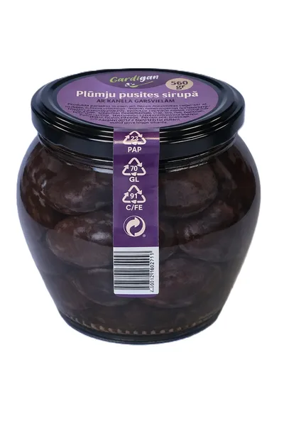 Plūmju pusītes sīrupā, ar kanēļa gabaliņiem 560g (305g), Gardigan