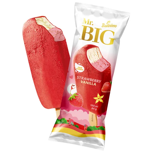 Saldējums krēj. ar zemeņu un vaniļas garšu, zemeņu glazūrā Mr.Big 150ml/84g, Balbiino