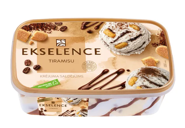 Saldējums krējuma Tiramisu garšas ar kafijas biskvīta gab., šok. mērci 1000ml/500g, Ekselence