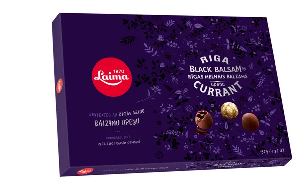 Konfekšu kārba LAIMA ar Rīgas Melno upeņu balzamu 135g