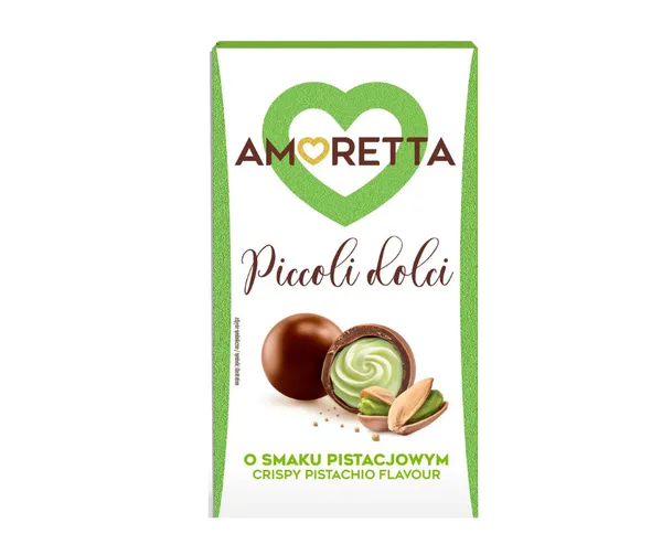 Šokolādes konfektes ar pistāciju garšas pild. Amoretta Picco 155g, Mieszko