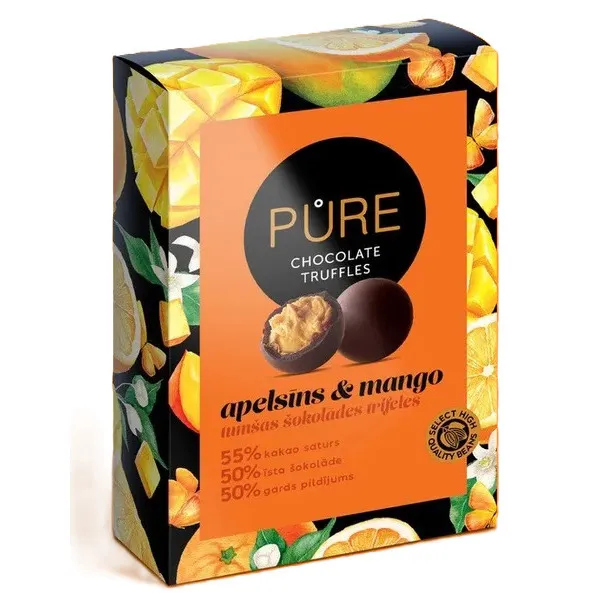 Šokolādes trifeles ar apelsīnu mango krēma pildījumu 148g, Pure