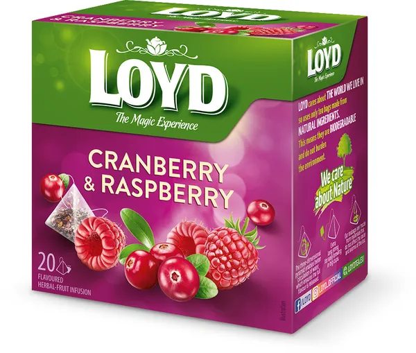Augļu tēja LOYD Pyramids ar dzērveņu un aveņu garšu, 20x2 g