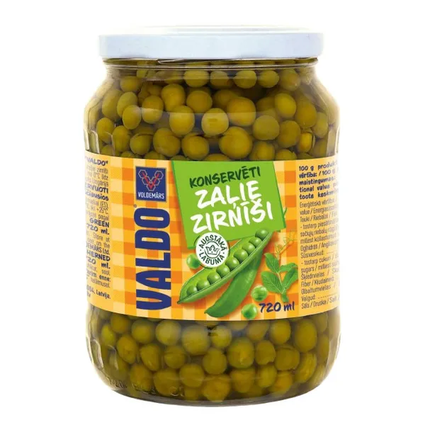 Zaļie zirnīši konservēti 720ml (450g), Valdo