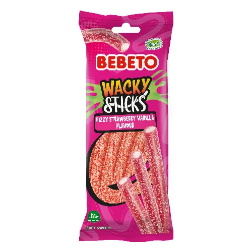Želejkonfektes  Bebeto Wacky Sticks Strawberry - Vanilla flavour 75g