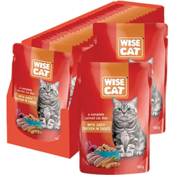 Barība pieaugušiem kaķiem Wise Cat ar vistas gaļu mērcē 100g