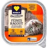 Edeka Feines Ragout barība kaķiem ar tītaru un aknām burkānu mērcē 100g
