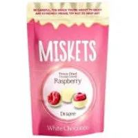 MISKETS Baltās šokolādes dražejas ar liofilizētām avenēm 80g