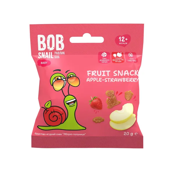Ābolu un zemeņu uzkoda BOB SNAIL, 20g