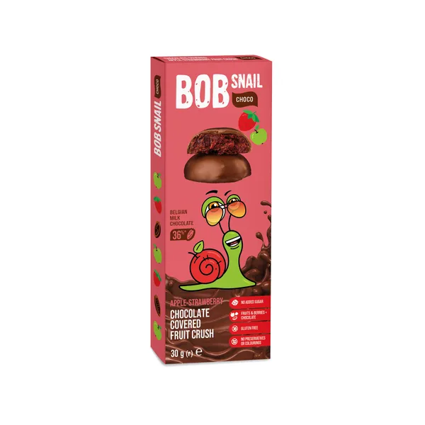 Ābolu-zemeņu konfektes piena šokolādē BOB SNAIL, 30g