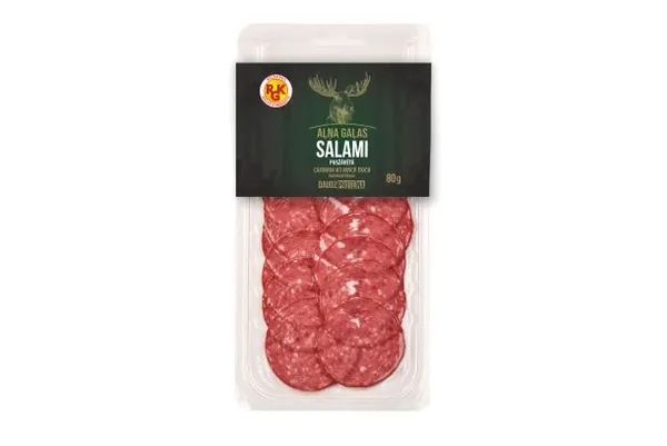 Aļņa gaļas salami pusžāvētā šķēlēs, 80g