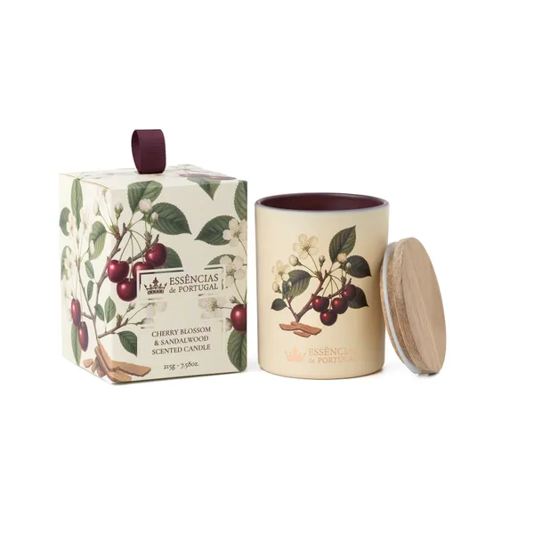Aromātiskā svece ESSENCIAS DE PORTUGAL Botanic Cherry&Sandal, koka vāks, D 18 cm, H 13 cm, 1gab