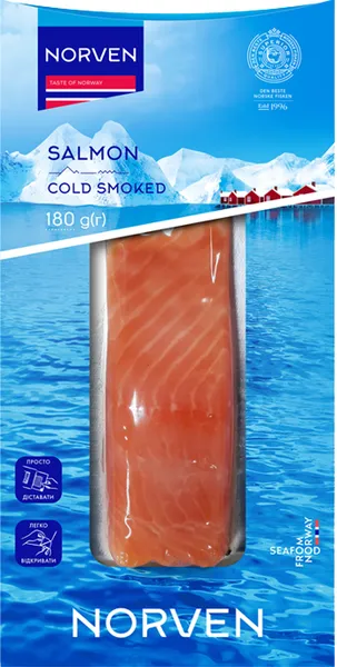 Atlantijas laša fileja ar ādu auksti kūpināta, vakuumā 180 g, NORVEN