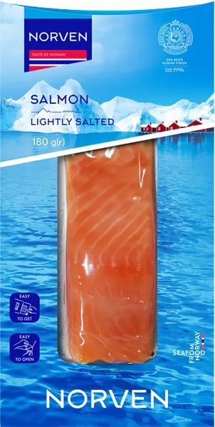 Atlantijas laša fileja ar ādu mazsālīta, vakuumā 180 g, NORVEN