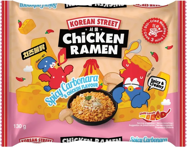 Ātri pagatavojamās nūdeles KOREAN STREET Ramen, karbonāras un vistas garša, 163g