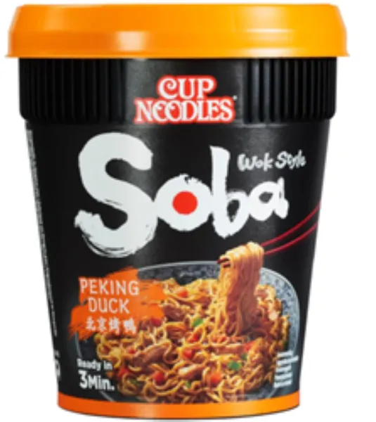 Ātri pagatavojamās nūdeles NISSIN Soba, Pekinas pīles garša, krūzītē, 87g