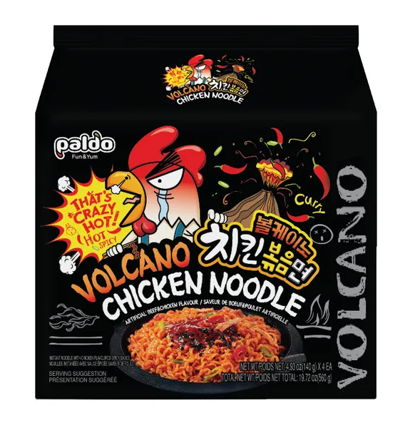 Ātri pagatavojamās nūdeles PALDO Volcano Chicken, ar asu vistas gaļas garšas mērci, 4x140g