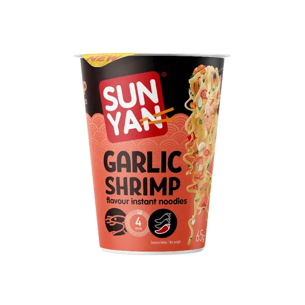 Ātri pagatavojamas nūdeles SUN YAN ķiploku garneļu garša, glāze, 65g
