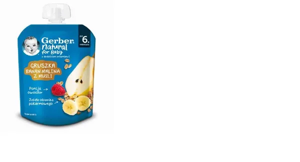 Augļu biezenis GERBER, ar bumbieriem, banāniem un avenēm, 6 mēn., 80g