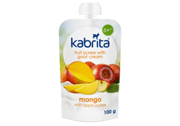 Augļu biezenis KABRITA ar saldo krējumu no kazas piena, mango ar ābolu, 100g