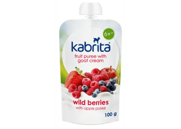 Augļu biezenis KABRITA ar saldo krējumu no kazas piena, meža ogas ar ābolu, 100g