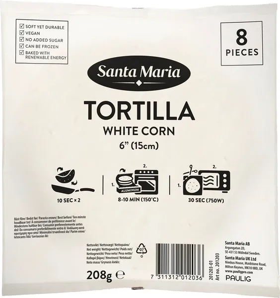 Baltās kukurūzas tortiljas 6”(15cm) 208g, Santa Maria